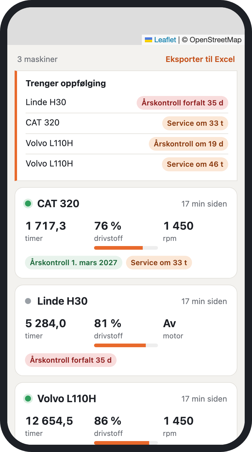 FleetFox-appen på mobil med liste over maskiner, timer, drivstoff og frister for årskontroll og service